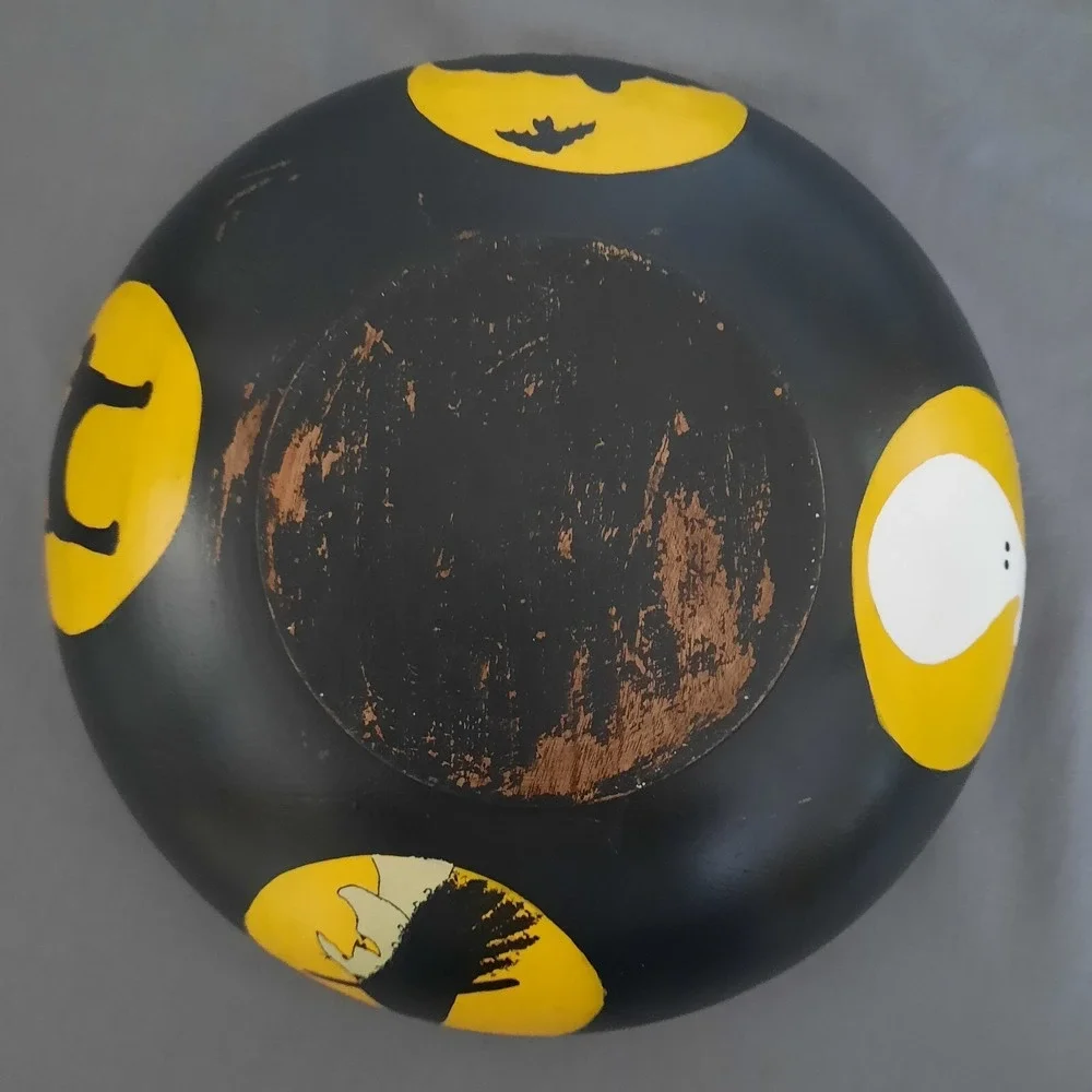 Halloween Hand Painted Wood Bowl Jack O Lantern Witch Black Cat Primitive Rustic
